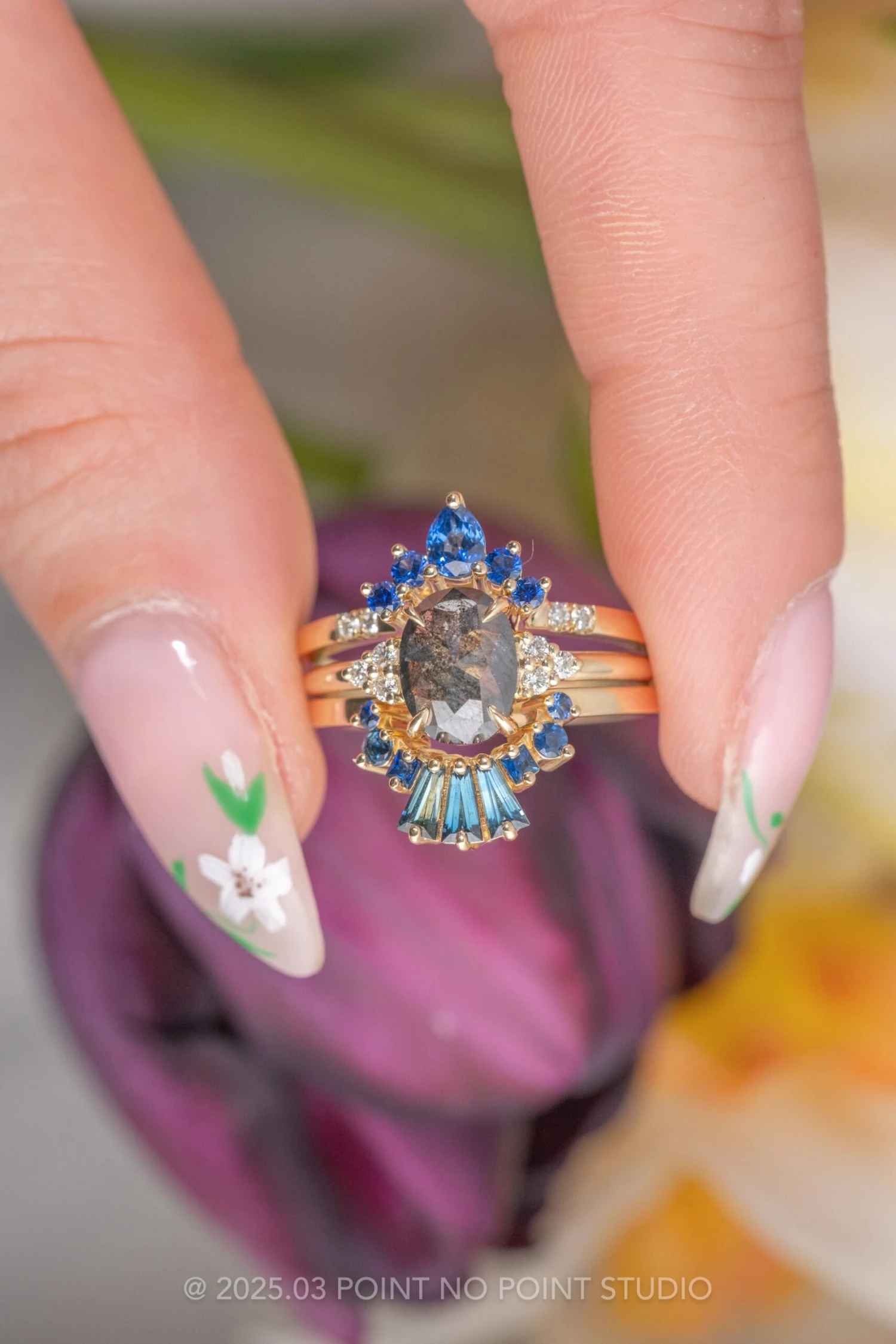 Pear Sapphire And Diamond Contour Band, Basket Emma Setting, 14k Yellow Gold 3 Pear Sapphire And Diamond Contour Band, Basket Emma Setting, 14k Yellow Gold - Image 3