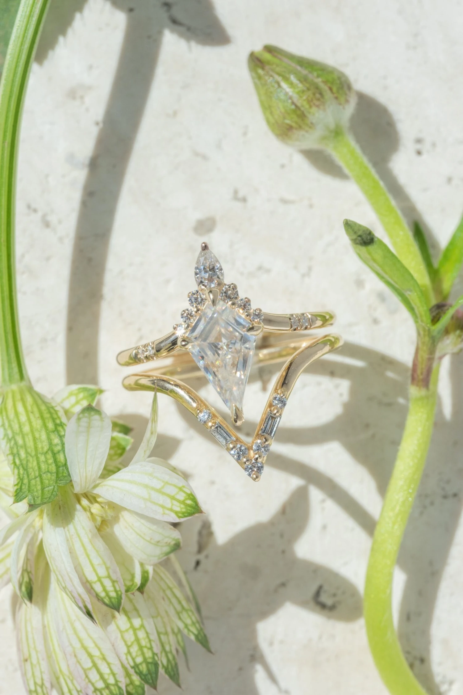 1.52 Carat Kite Moissanite Engagement Ring, Flora Setting, 14k Yellow Gold 3 1.52 Carat Kite Moissanite Engagement Ring, Flora Setting, 14k Yellow Gold - Image 3