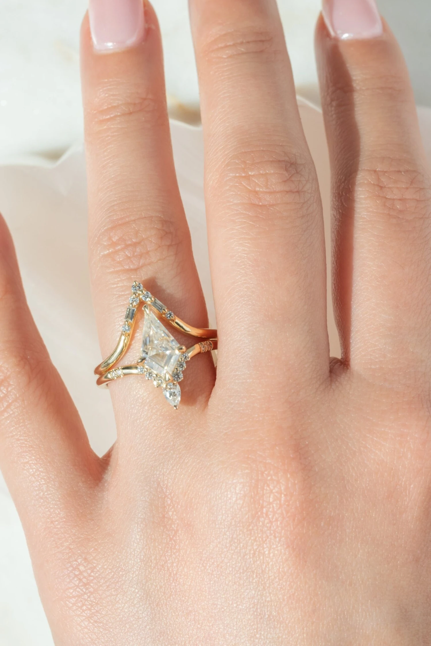 1.52 Carat Kite Moissanite Engagement Ring, Flora Setting, 14k Yellow Gold 2 1.52 Carat Kite Moissanite Engagement Ring, Flora Setting, 14k Yellow Gold - Image 2