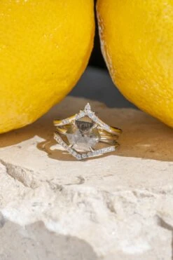 2.10 Carat Black Speckled Hexagon Diamond Engagement Ring, Basket Jane Setting, 14k White Gold -Point No Point Studio Store 20250418 SFS0036