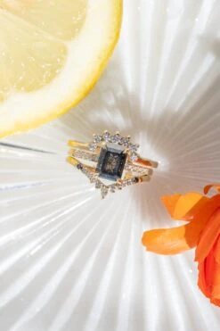 1.75 Carat Black Speckled Emerald Shaped Diamond Engagement Ring, Juliette Setting, 14k Yellow Gold -Point No Point Studio Store 20250418 SFS0043