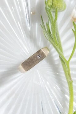 Signet Style Blue Kite Sapphire Men's Wedding Ring, 14K Yellow Gold, Matte Finish -Point No Point Studio Store 20250418 SFS0044