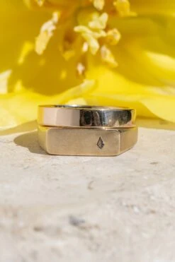 Signet Style Blue Kite Sapphire Men's Wedding Ring, 14K Yellow Gold, Matte Finish -Point No Point Studio Store 20250418 SFS0055