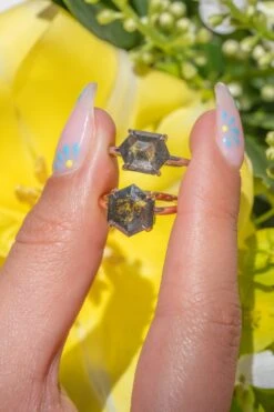 2.10 Carat Black Speckled Hexagon Diamond Engagement Ring, Basket Jane Setting, 14k White Gold -Point No Point Studio Store 20250418 SFS0068