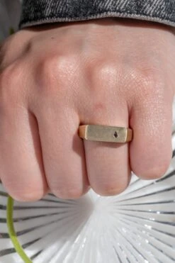 Signet Style Blue Kite Sapphire Men's Wedding Ring, 14K Yellow Gold, Matte Finish -Point No Point Studio Store 20250418 SFS0072