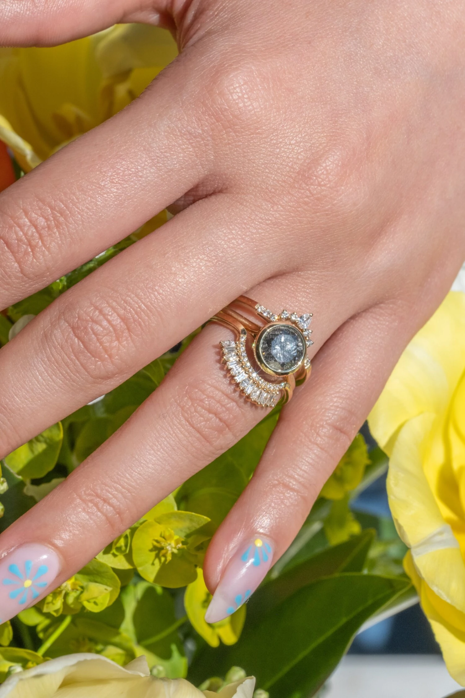 Pear Diamond Contour Band, Basket Emma Setting, 14k Yellow Gold 3 Pear Diamond Contour Band, Basket Emma Setting, 14k Yellow Gold - Image 3