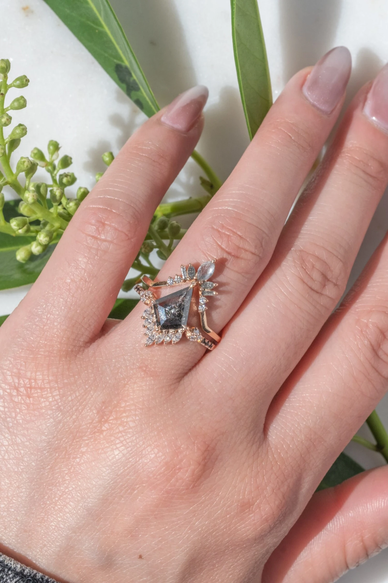 Salt And Pepper Marquise And Baguette Diamond Wedding Ring, Athena Setting, 14k Rose Gold 4 Salt And Pepper Marquise And Baguette Diamond Wedding Ring, Athena Setting, 14k Rose Gold - Image 4