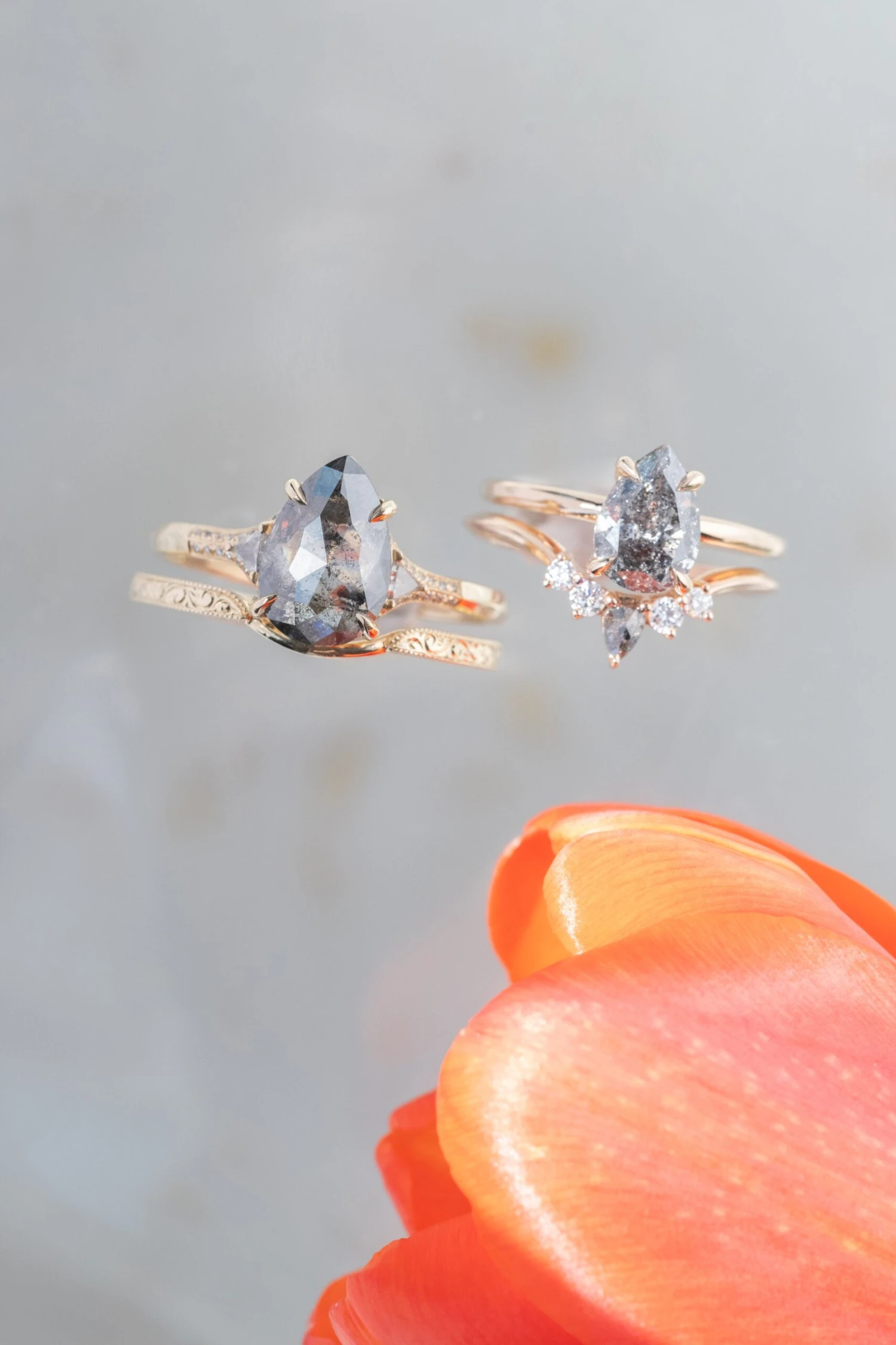 1.24 Carat Salt And Pepper Pear Diamond Engagement Ring, Basket Jane Setting, 14k Peach Gold 4 1.24 Carat Salt And Pepper Pear Diamond Engagement Ring, Basket Jane Setting, 14k Peach Gold - Image 4