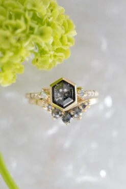 1.86 Carat Black Speckled Hexagon Diamond Engagement Ring, Bezel Eliza Setting, 14K Yellow Gold 11 1.86 Carat Black Speckled Hexagon Diamond Engagement Ring, Bezel Eliza Setting, 14K Yellow Gold -Point No Point Studio Store 20250502 SFS0055