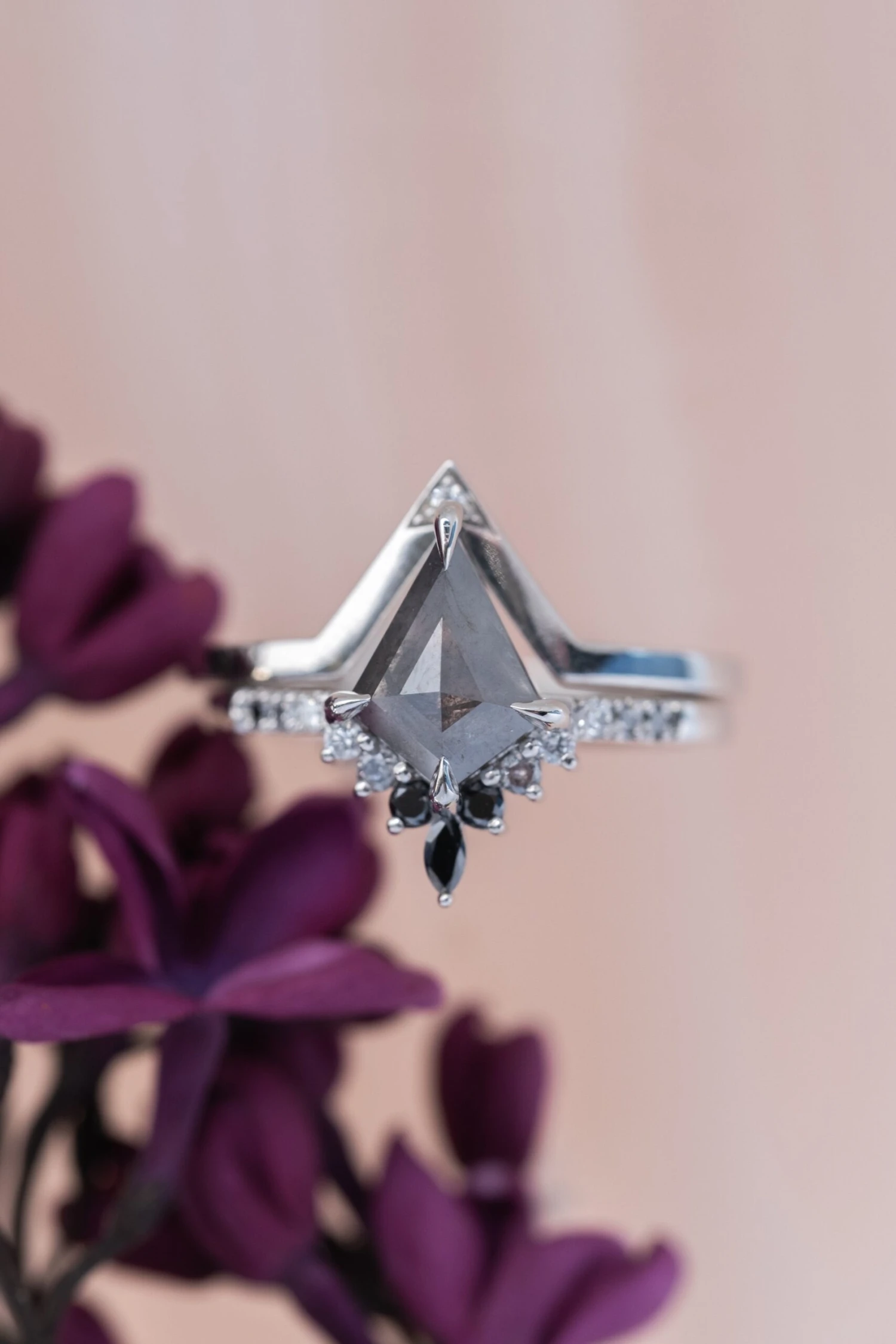 .97 Carat Black Speckled Kite Diamond Engagement Ring, Ombre Avaline Setting, Platinum 4 .97 Carat Black Speckled Kite Diamond Engagement Ring, Ombre Avaline Setting, Platinum - Image 4