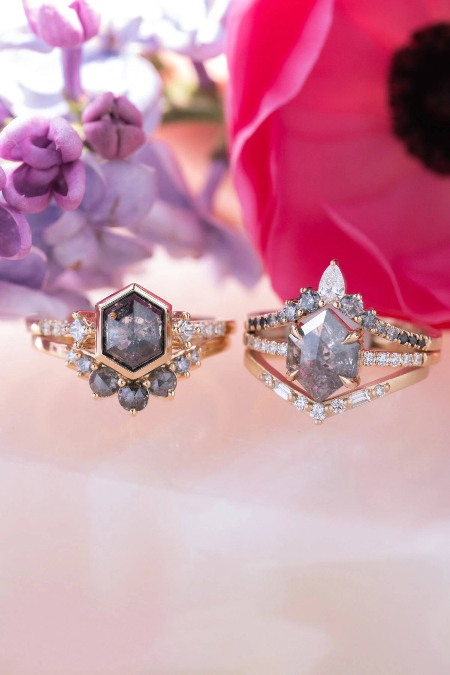 1.86 Carat Black Speckled Hexagon Diamond Engagement Ring, Bezel Eliza Setting, 14K Yellow Gold 6 1.86 Carat Black Speckled Hexagon Diamond Engagement Ring, Bezel Eliza Setting, 14K Yellow Gold - Image 6