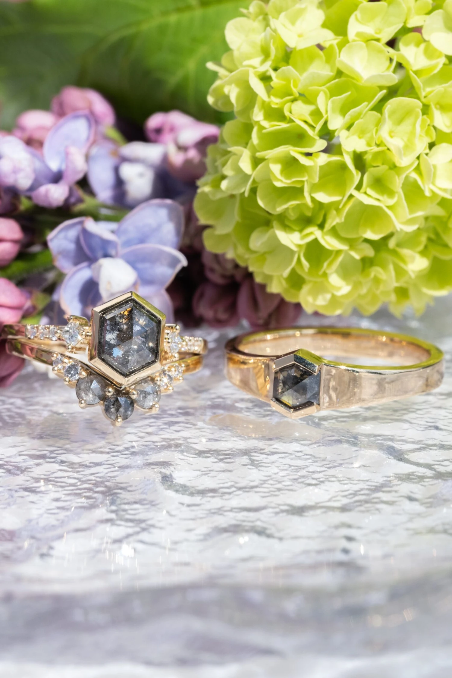 1.86 Carat Black Speckled Hexagon Diamond Engagement Ring, Bezel Eliza Setting, 14K Yellow Gold 4 1.86 Carat Black Speckled Hexagon Diamond Engagement Ring, Bezel Eliza Setting, 14K Yellow Gold - Image 4