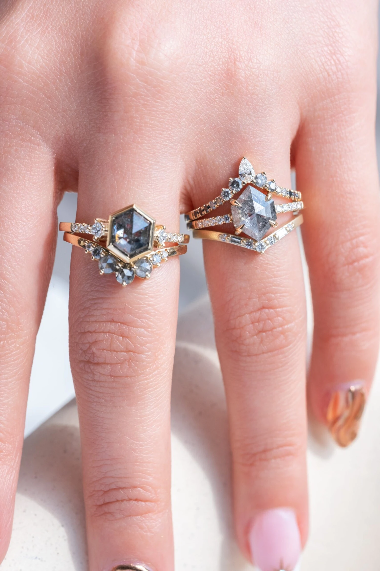 1.86 Carat Black Speckled Hexagon Diamond Engagement Ring, Bezel Eliza Setting, 14K Yellow Gold 2 1.86 Carat Black Speckled Hexagon Diamond Engagement Ring, Bezel Eliza Setting, 14K Yellow Gold - Image 2