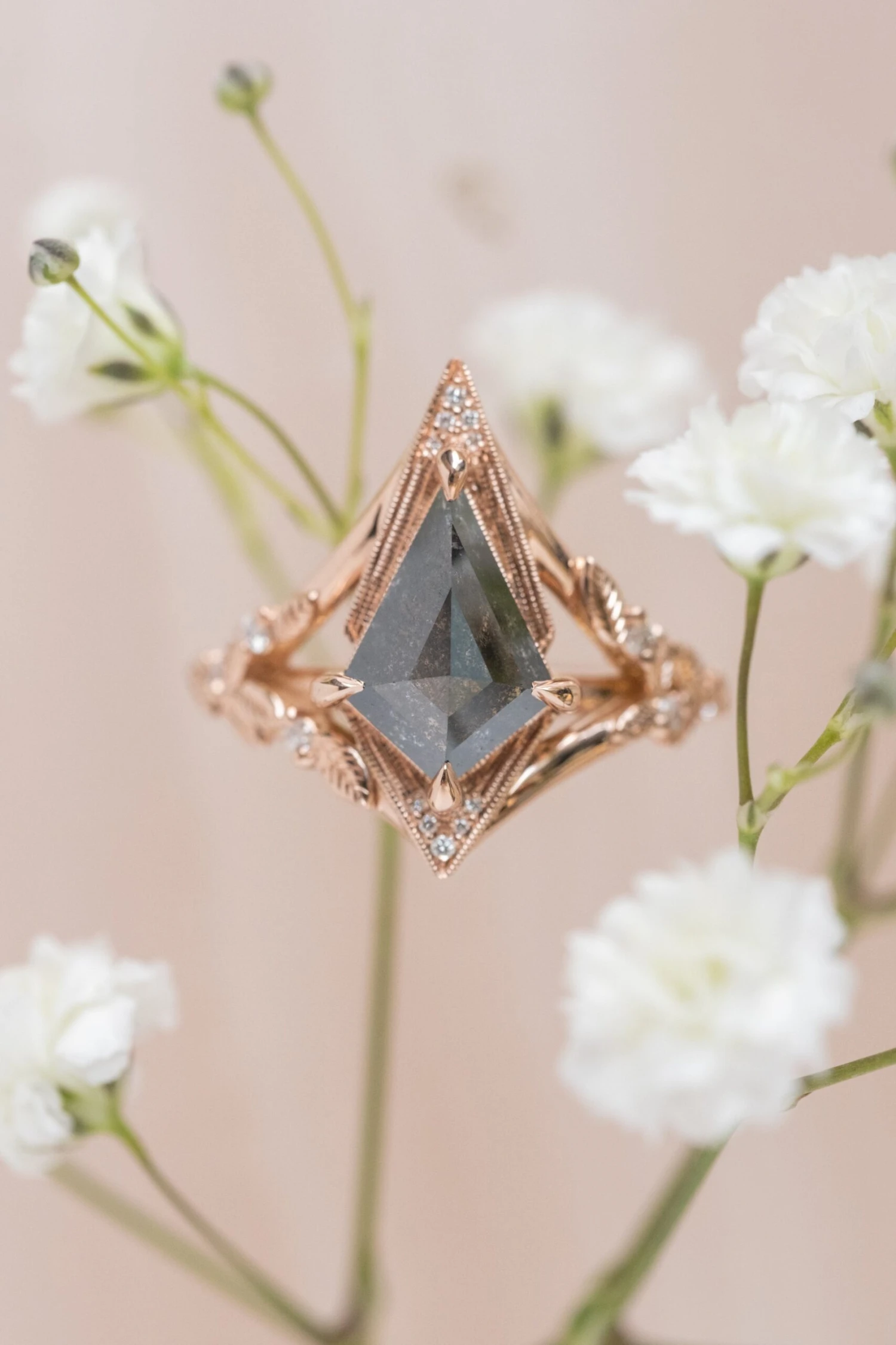 1.79 Carat Black Speckled Kite Diamond Engagement Ring, Thistle Setting, 14k Rose Gold 3 1.79 Carat Black Speckled Kite Diamond Engagement Ring, Thistle Setting, 14k Rose Gold - Image 3