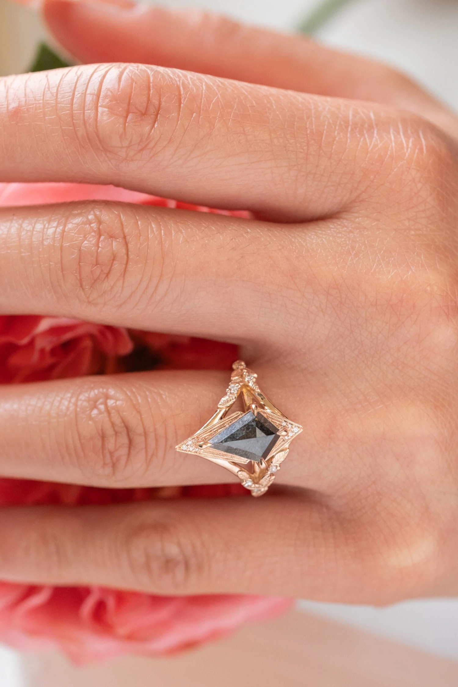 1.79 Carat Black Speckled Kite Diamond Engagement Ring, Thistle Setting, 14k Rose Gold 6 1.79 Carat Black Speckled Kite Diamond Engagement Ring, Thistle Setting, 14k Rose Gold - Image 6