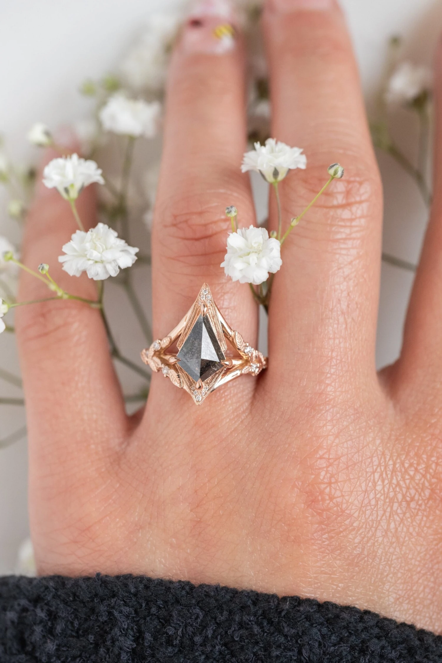 1.79 Carat Black Speckled Kite Diamond Engagement Ring, Thistle Setting, 14k Rose Gold 2 1.79 Carat Black Speckled Kite Diamond Engagement Ring, Thistle Setting, 14k Rose Gold - Image 2