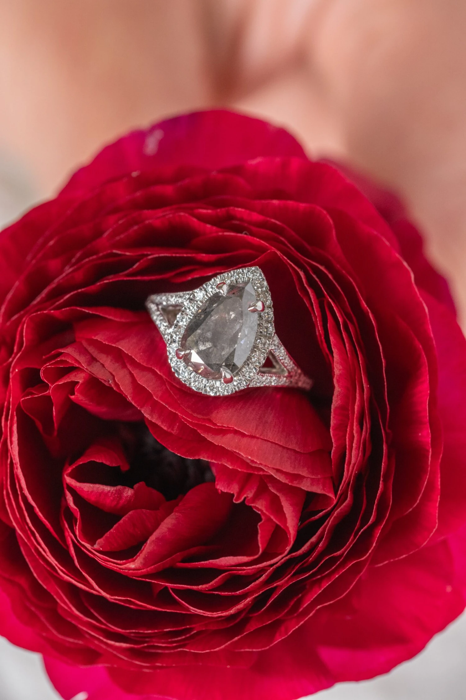 2.23 Carat Salt & Pepper Pear Diamond Engagement Ring, Cascade Setting, 14k White Gold 5 2.23 Carat Salt & Pepper Pear Diamond Engagement Ring, Cascade Setting, 14k White Gold - Image 5