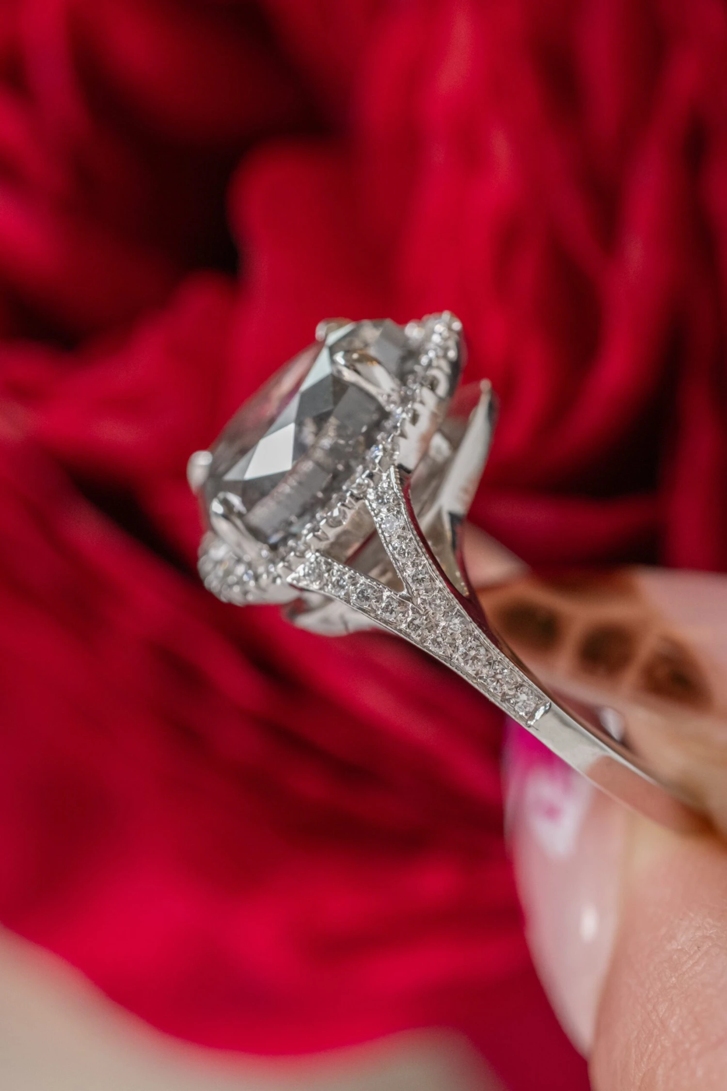 2.23 Carat Salt & Pepper Pear Diamond Engagement Ring, Cascade Setting, 14k White Gold 4 2.23 Carat Salt & Pepper Pear Diamond Engagement Ring, Cascade Setting, 14k White Gold - Image 4