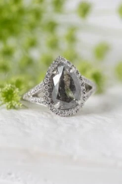 2.23 Carat Salt & Pepper Pear Diamond Engagement Ring, Cascade Setting, 14k White Gold 8 2.23 Carat Salt & Pepper Pear Diamond Engagement Ring, Cascade Setting, 14k White Gold -Point No Point Studio Store 20250613 SFS0044