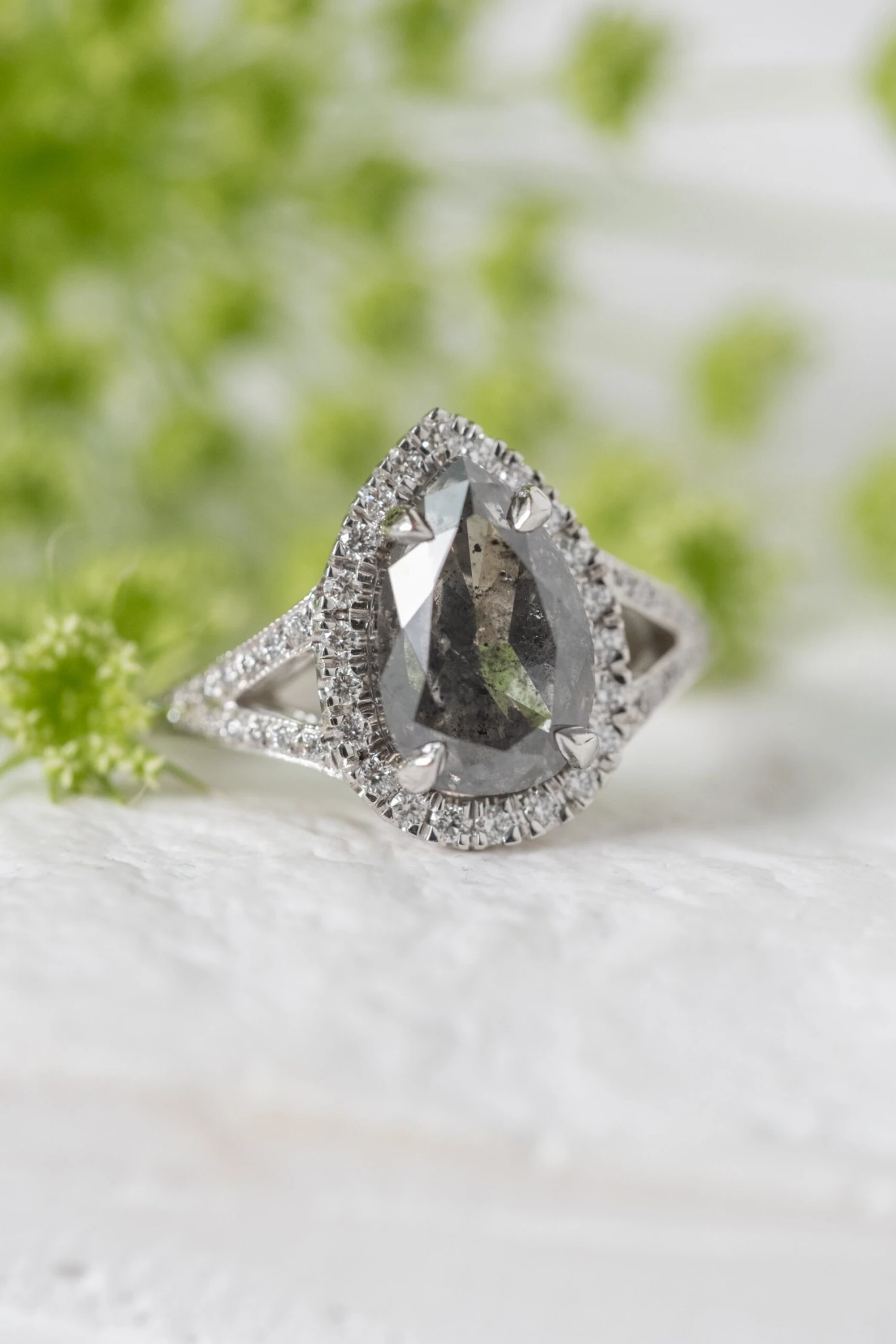 2.23 Carat Salt & Pepper Pear Diamond Engagement Ring, Cascade Setting, 14k White Gold 3 2.23 Carat Salt & Pepper Pear Diamond Engagement Ring, Cascade Setting, 14k White Gold - Image 3