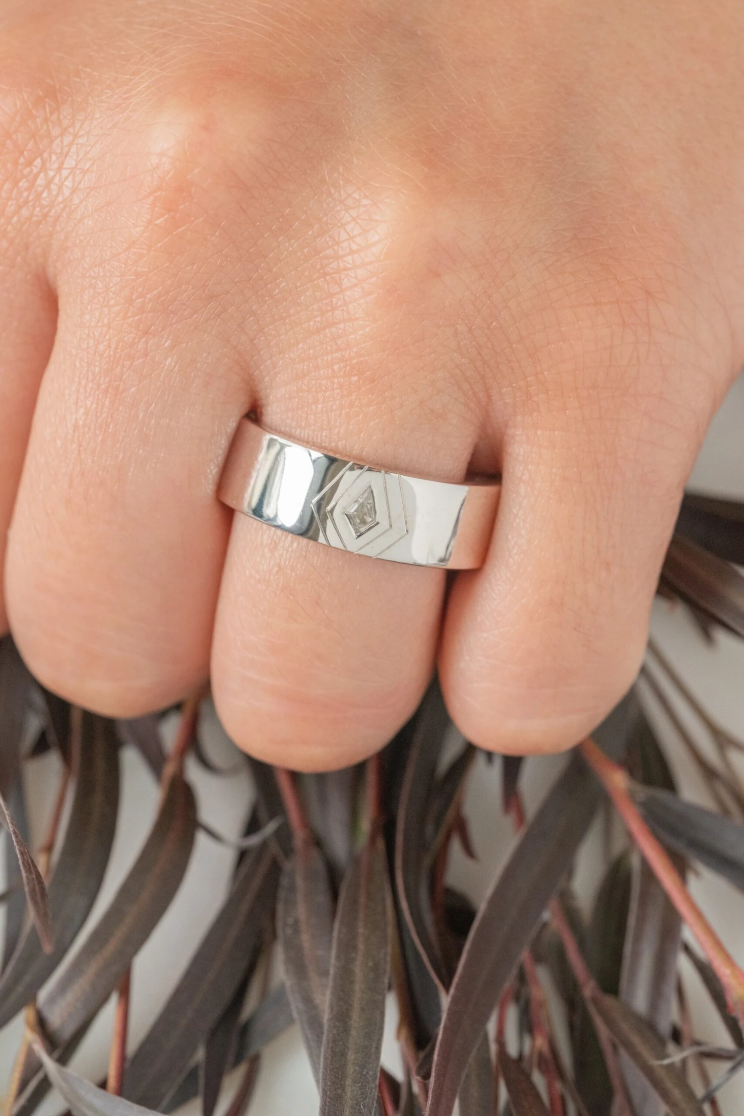 White Kite Sapphire Mens Wedding Band, 14K White Gold 3 White Kite Sapphire Mens Wedding Band, 14K White Gold - Image 3