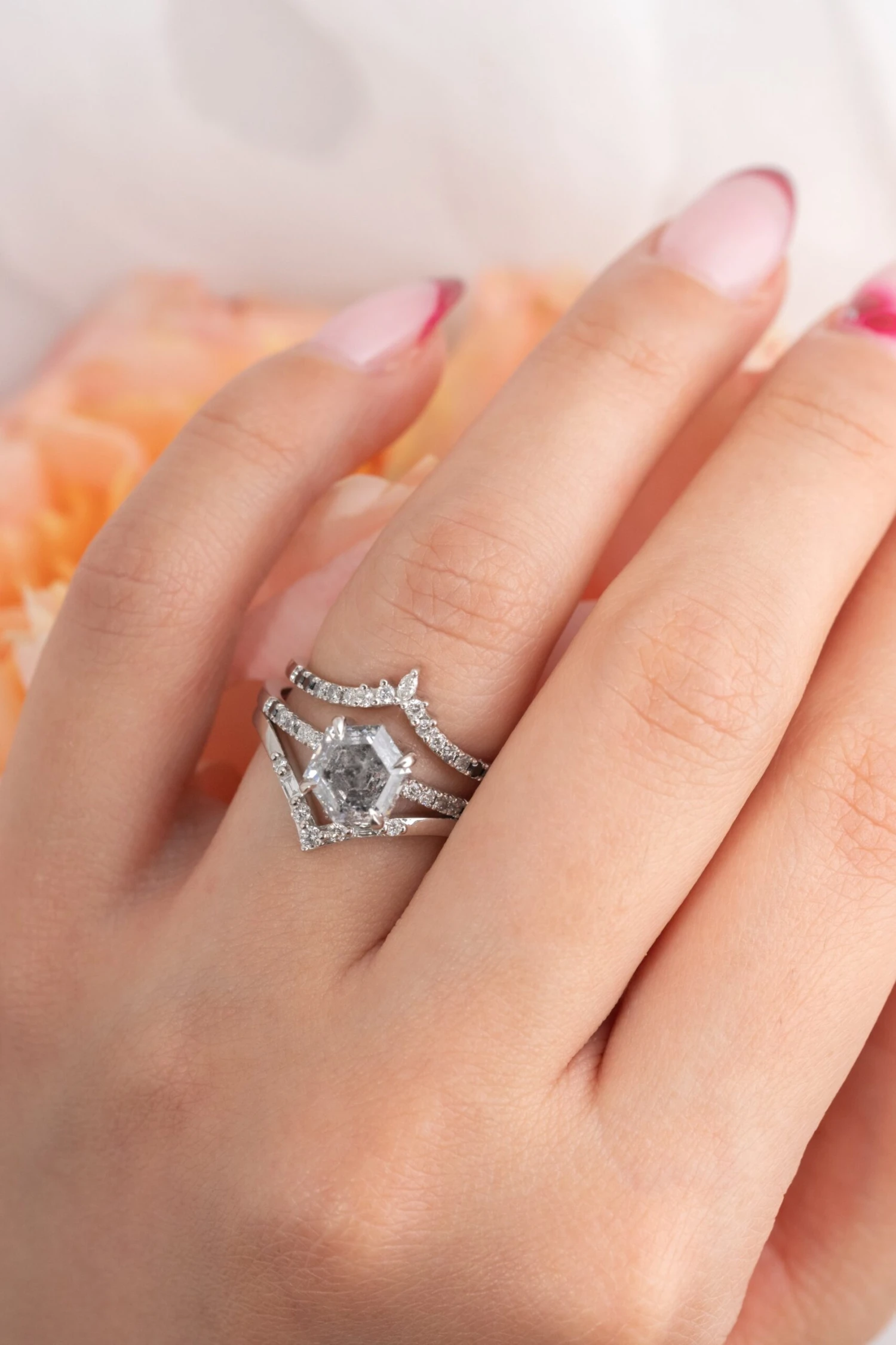 2.13 Carat Canadian Salt And Pepper Hexagon Diamond Engagement Ring, Ombre Jules Setting, Platinum 2 2.13 Carat Canadian Salt And Pepper Hexagon Diamond Engagement Ring, Ombre Jules Setting, Platinum - Image 2