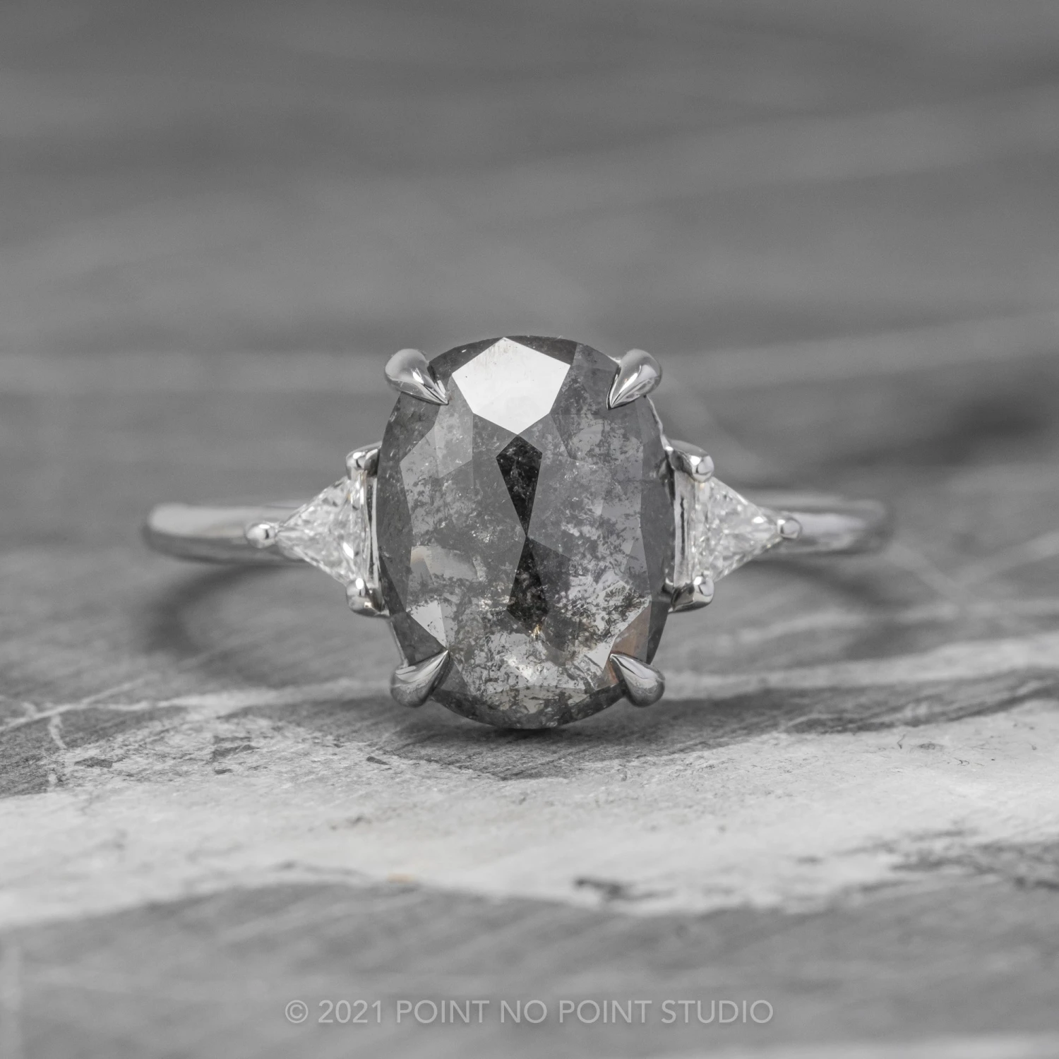 2.80 Carat Black Speckled Oval Diamond Engagement Ring, Zoe Setting, 14K White Gold 1 2.80 Carat Black Speckled Oval Diamond Engagement Ring, Zoe Setting, 14K White Gold