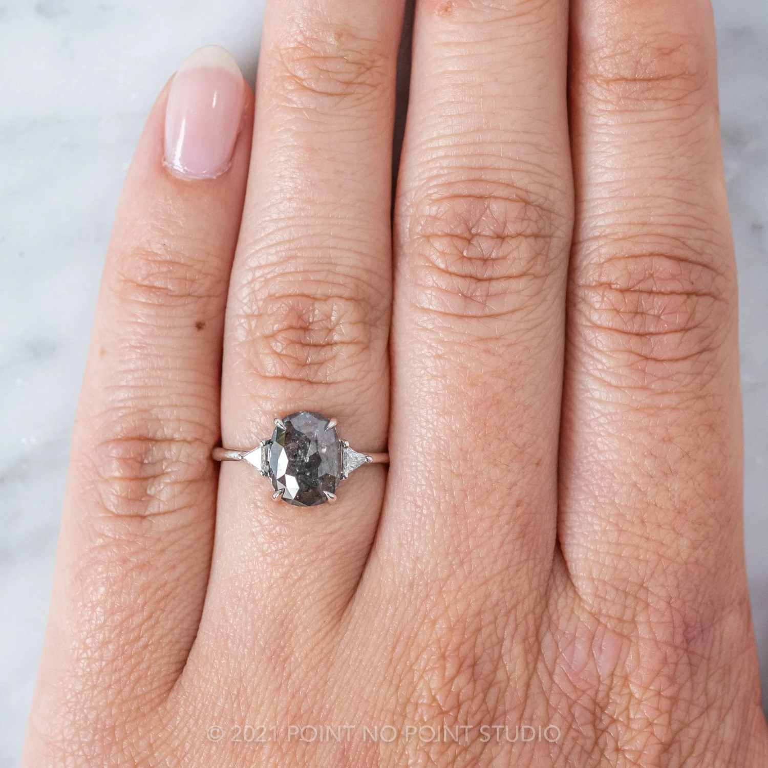 2.80 Carat Black Speckled Oval Diamond Engagement Ring, Zoe Setting, 14K White Gold 2 2.80 Carat Black Speckled Oval Diamond Engagement Ring, Zoe Setting, 14K White Gold - Image 2