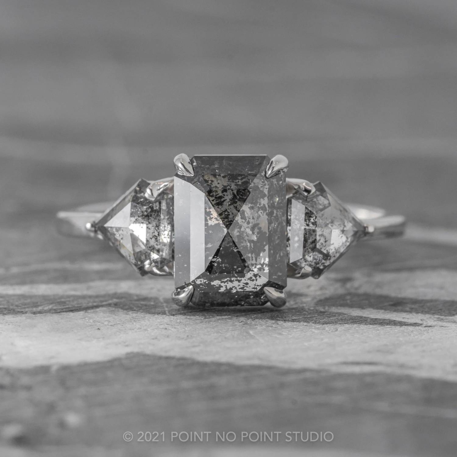 2.59 Carat Salt And Pepper Emerald Diamond Engagement Ring, Zoe Setting, Platinum 1 2.59 Carat Salt And Pepper Emerald Diamond Engagement Ring, Zoe Setting, Platinum