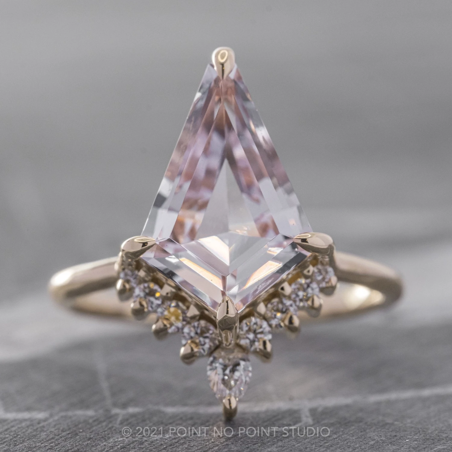 4.90 Carat Kite Morganite And Diamond Engagement Ring, Ava Setting, 14K Yellow Gold 1 4.90 Carat Kite Morganite And Diamond Engagement Ring, Ava Setting, 14K Yellow Gold