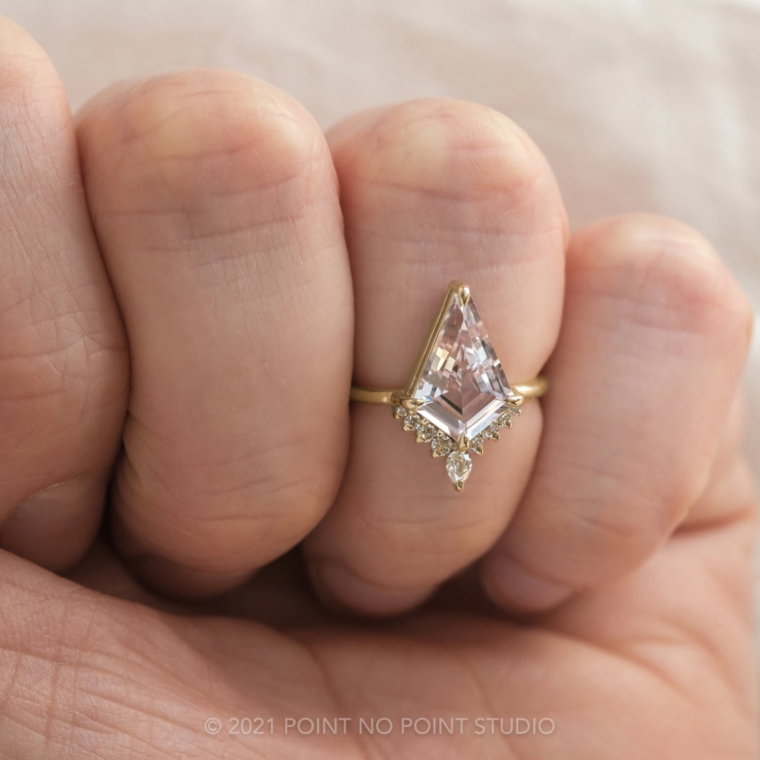 4.90 Carat Kite Morganite And Diamond Engagement Ring, Ava Setting, 14K Yellow Gold 2 4.90 Carat Kite Morganite And Diamond Engagement Ring, Ava Setting, 14K Yellow Gold - Image 2
