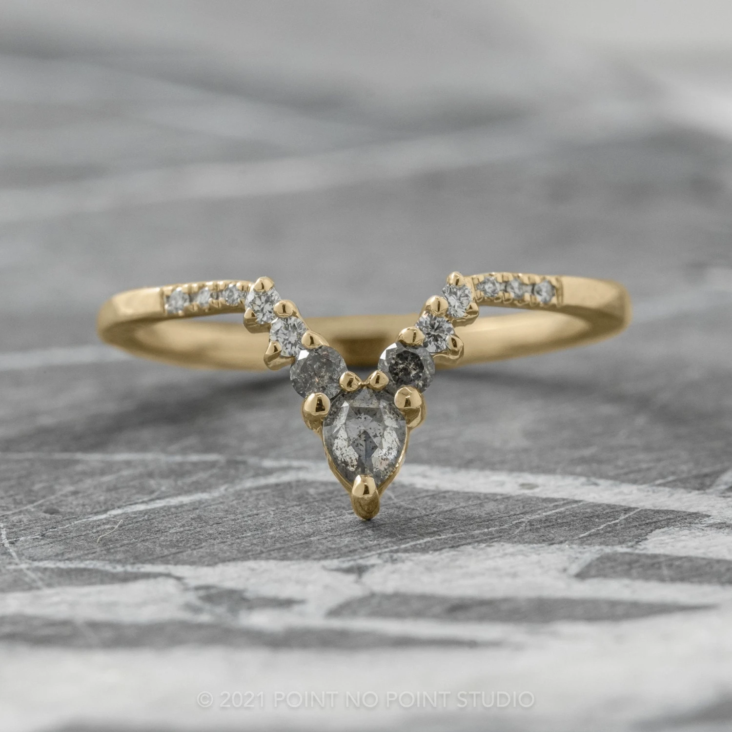 Salt And Pepper Pear And Round Diamond Wedding Ring, Cassiopeia Setting, 14K Yellow Gold 1 Salt And Pepper Pear And Round Diamond Wedding Ring, Cassiopeia Setting, 14K Yellow Gold