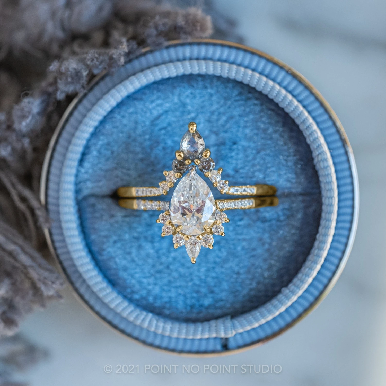 Salt And Pepper Pear And Round Diamond Wedding Ring, Cassiopeia Setting, 14K Yellow Gold 3 Salt And Pepper Pear And Round Diamond Wedding Ring, Cassiopeia Setting, 14K Yellow Gold - Image 3