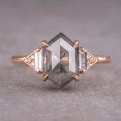2.59 Carat Salt And Pepper Hexagon Diamond Engagement Ring, Azalea Setting, 14K Rose Gold