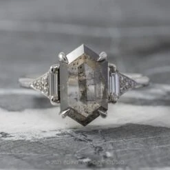 2.47 Carat Salt And Pepper Hexagon Diamond Engagement Ring, Azalea Setting, 14K White Gold
