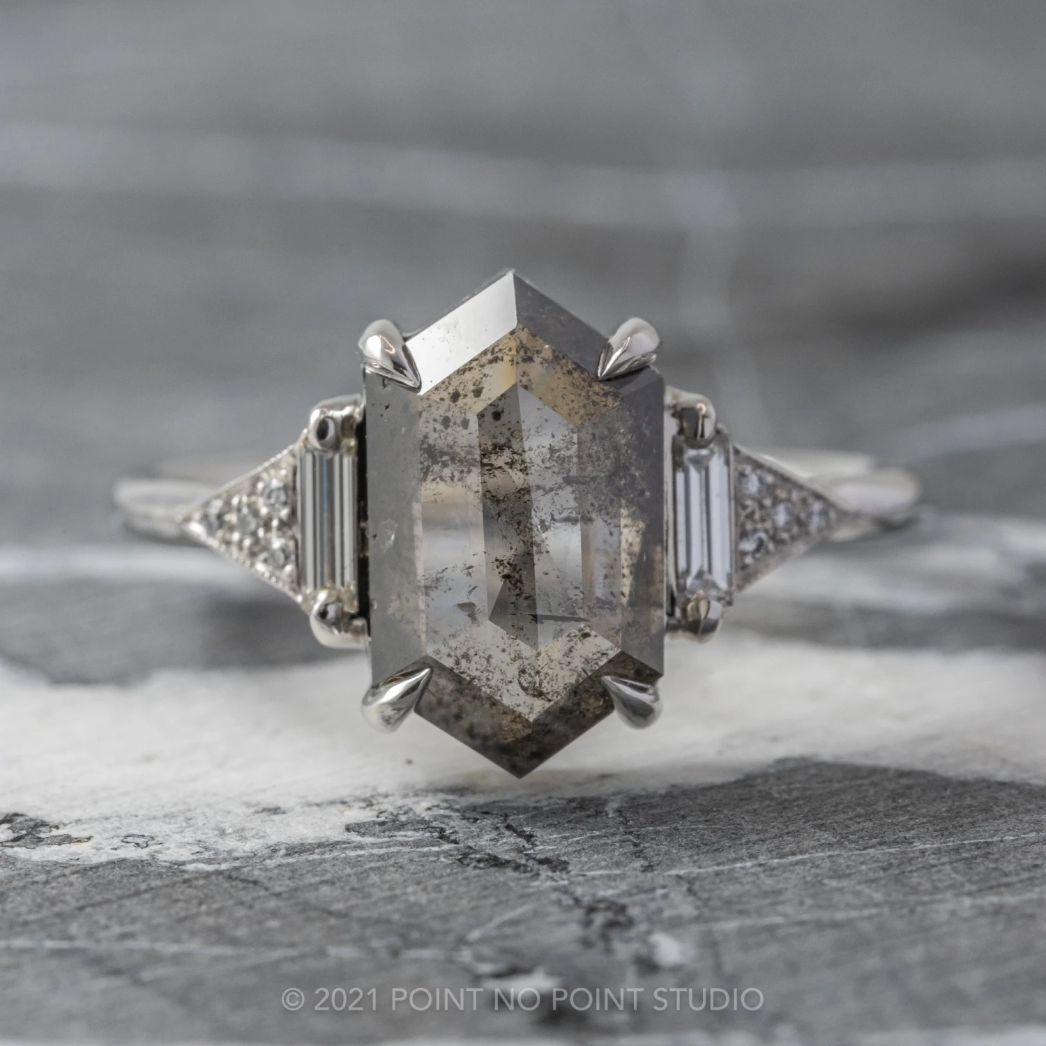 2.47 Carat Salt And Pepper Hexagon Diamond Engagement Ring, Azalea Setting, 14K White Gold 1 2.47 Carat Salt And Pepper Hexagon Diamond Engagement Ring, Azalea Setting, 14K White Gold