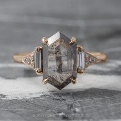2.47 Carat Salt And Pepper Hexagon Diamond Engagement Ring, Azalea Setting, 14k Rose Gold