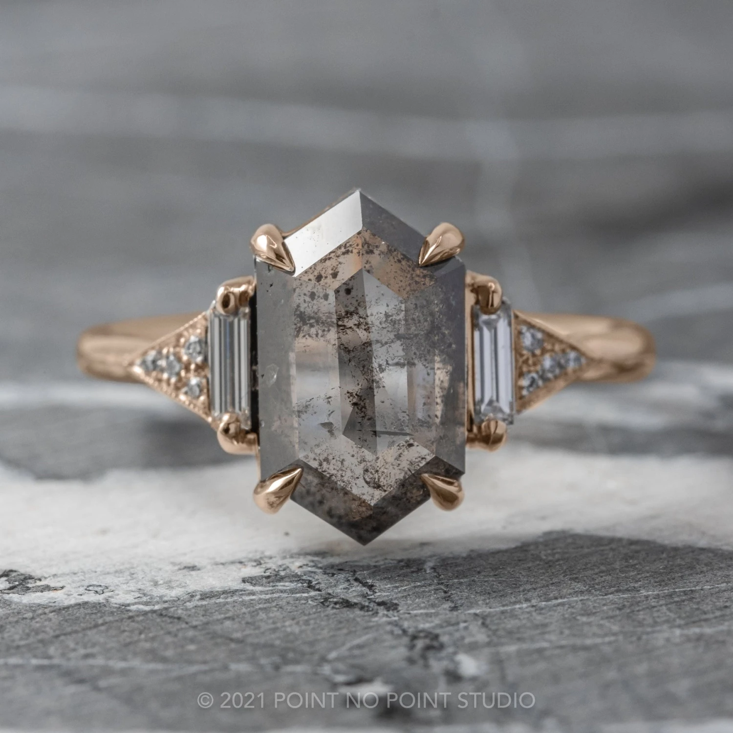 2.47 Carat Salt And Pepper Hexagon Diamond Engagement Ring, Azalea Setting, 14k Rose Gold 1 2.47 Carat Salt And Pepper Hexagon Diamond Engagement Ring, Azalea Setting, 14k Rose Gold