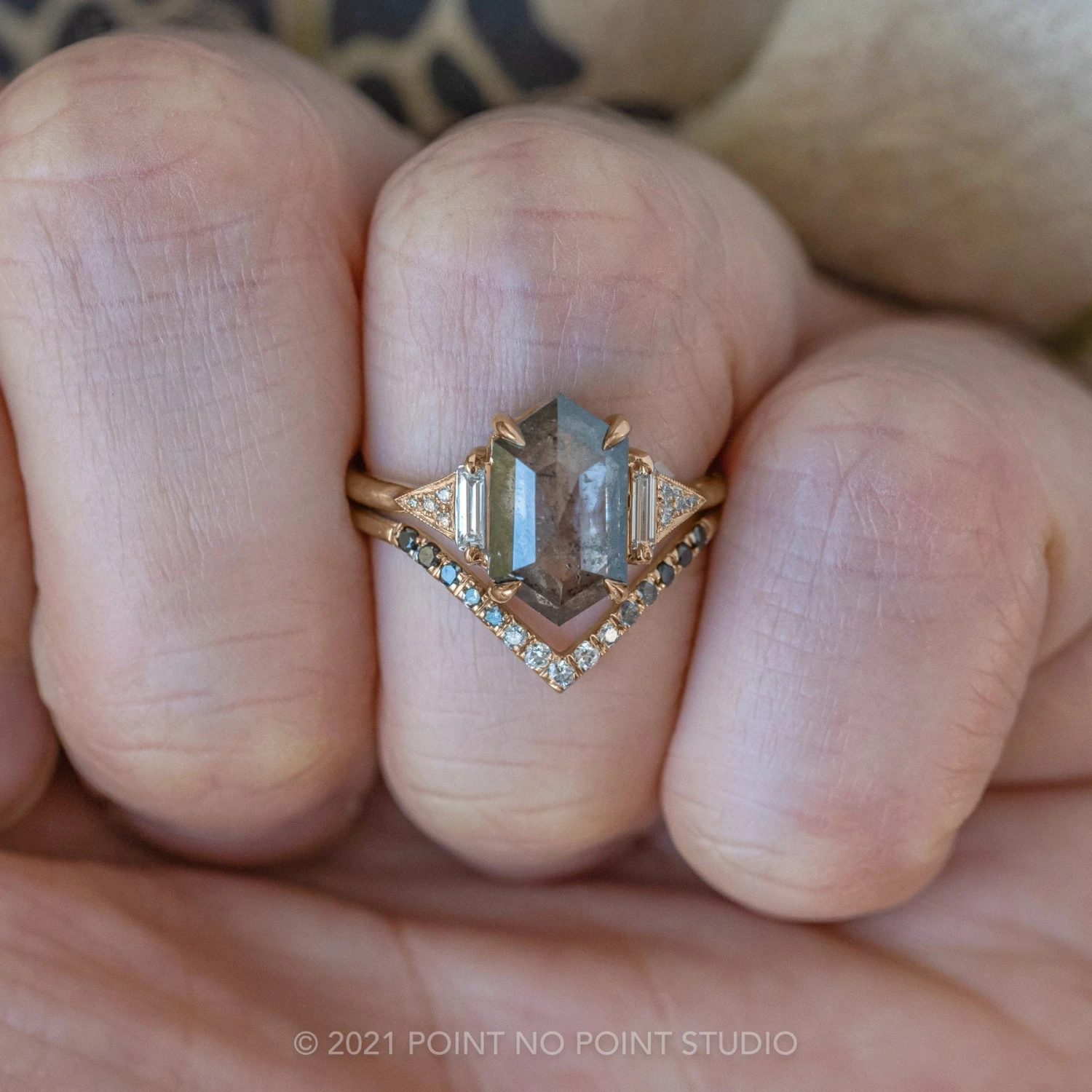 2.47 Carat Salt And Pepper Hexagon Diamond Engagement Ring, Azalea Setting, 14k Rose Gold 2 2.47 Carat Salt And Pepper Hexagon Diamond Engagement Ring, Azalea Setting, 14k Rose Gold - Image 2