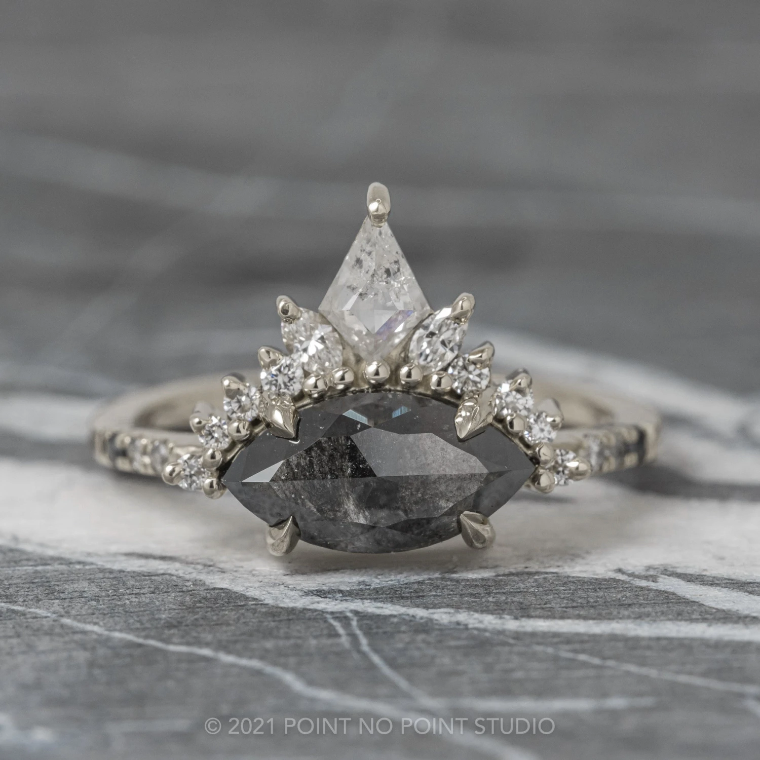 1.89 Carat Black Speckled Marquise Diamond Engagement Ring, Ombre Avaline Setting, 14K White Gold 1 1.89 Carat Black Speckled Marquise Diamond Engagement Ring, Ombre Avaline Setting, 14K White Gold