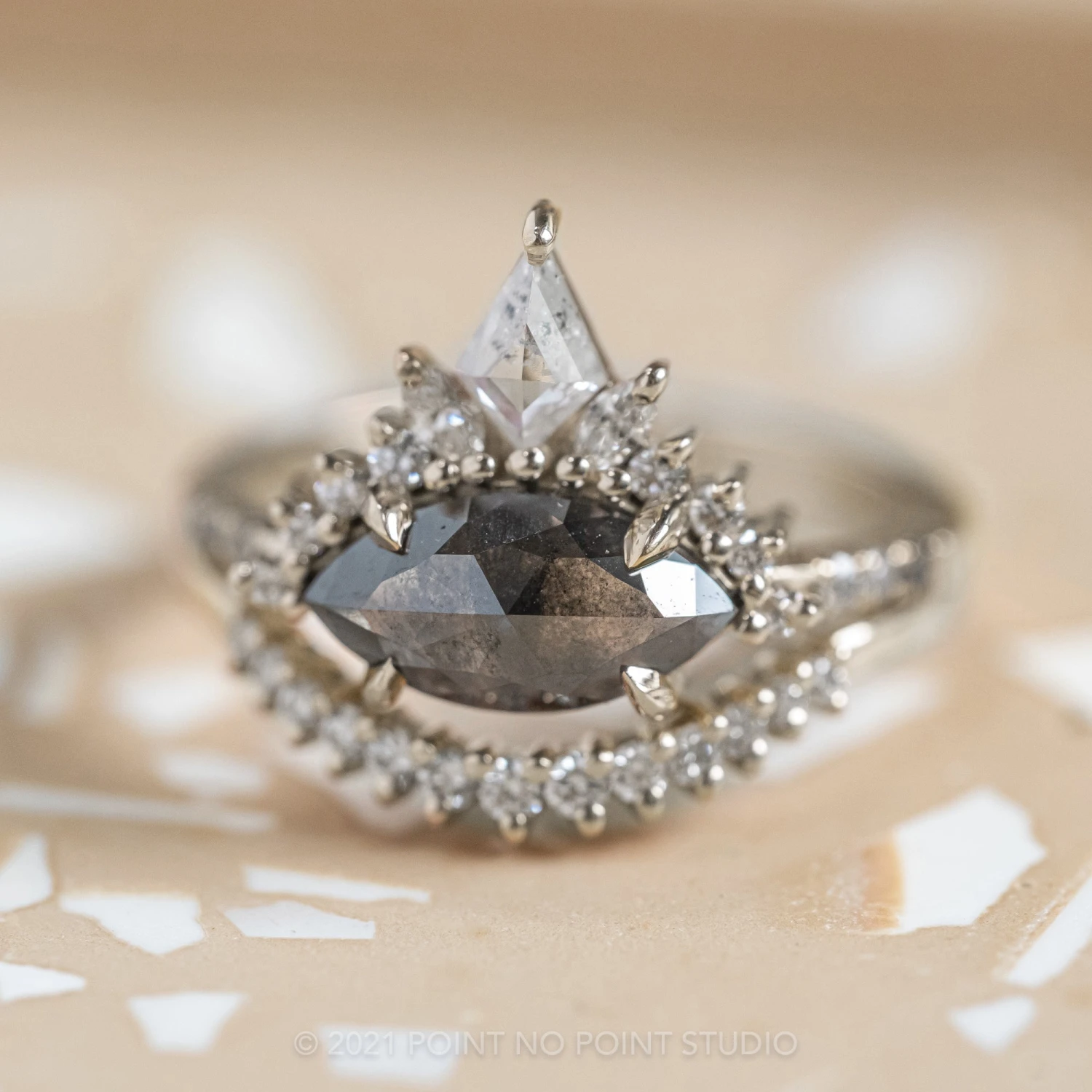 1.89 Carat Black Speckled Marquise Diamond Engagement Ring, Ombre Avaline Setting, 14K White Gold 4 1.89 Carat Black Speckled Marquise Diamond Engagement Ring, Ombre Avaline Setting, 14K White Gold - Image 4