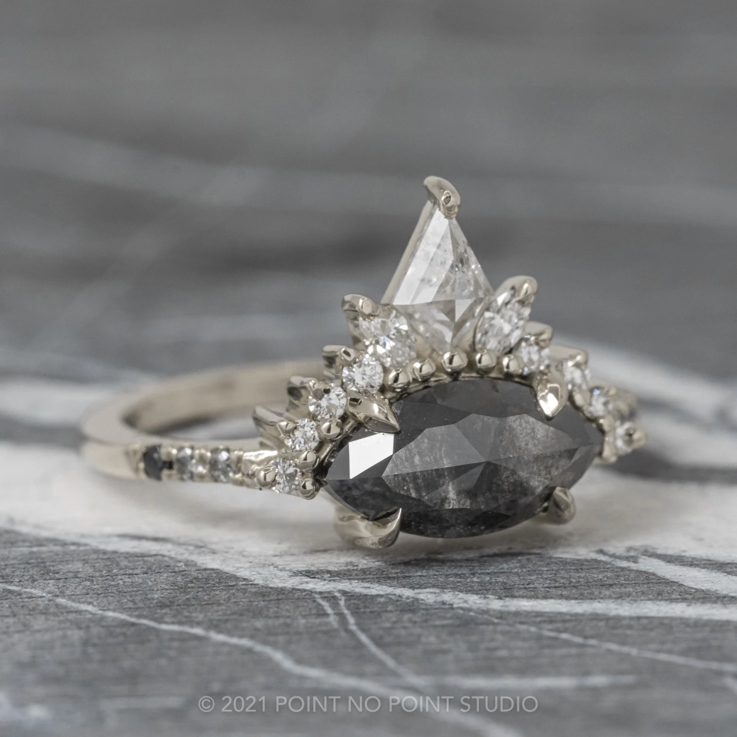 1.89 Carat Black Speckled Marquise Diamond Engagement Ring, Ombre Avaline Setting, 14K White Gold 9 1.89 Carat Black Speckled Marquise Diamond Engagement Ring, Ombre Avaline Setting, 14K White Gold - Image 9