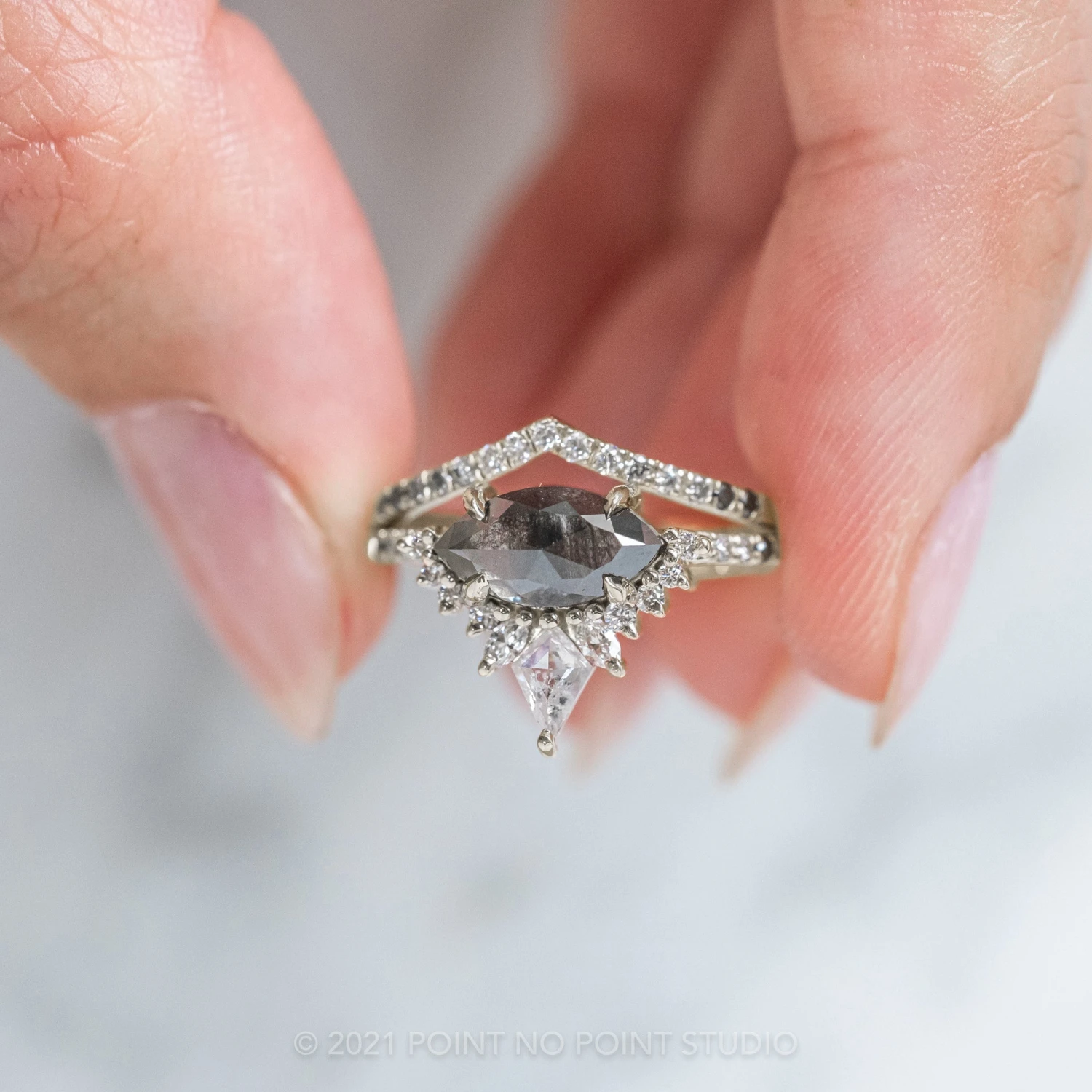 1.89 Carat Black Speckled Marquise Diamond Engagement Ring, Ombre Avaline Setting, 14K White Gold 2 1.89 Carat Black Speckled Marquise Diamond Engagement Ring, Ombre Avaline Setting, 14K White Gold - Image 2