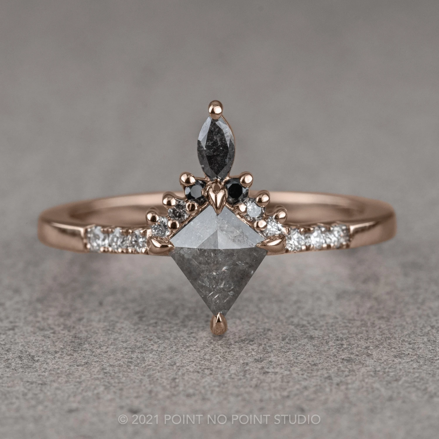 .64 Carat Salt And Pepper Kite Diamond Engagement Ring, Ombre Avaline Setting, 14K Rose Gold 1 .64 Carat Salt And Pepper Kite Diamond Engagement Ring, Ombre Avaline Setting, 14K Rose Gold