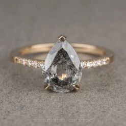 2.02 Carat Salt And Pepper Pear Diamond Engagement Ring, Sirena Setting, 14K Yellow Gold