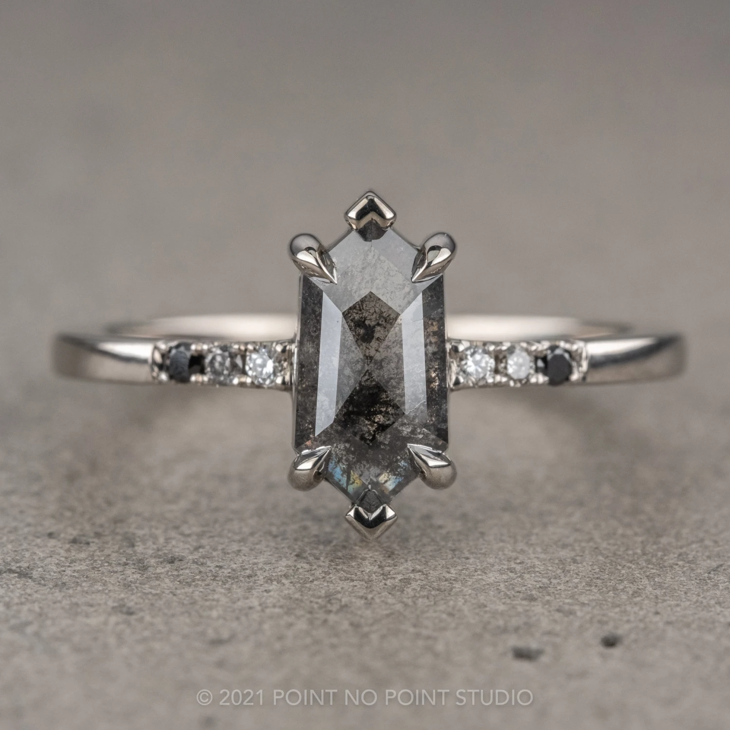 1.32 Carat Salt And Pepper Hexagon Diamond Engagement Ring, Sirena Setting, 14K White Gold 1 1.32 Carat Salt And Pepper Hexagon Diamond Engagement Ring, Sirena Setting, 14K White Gold