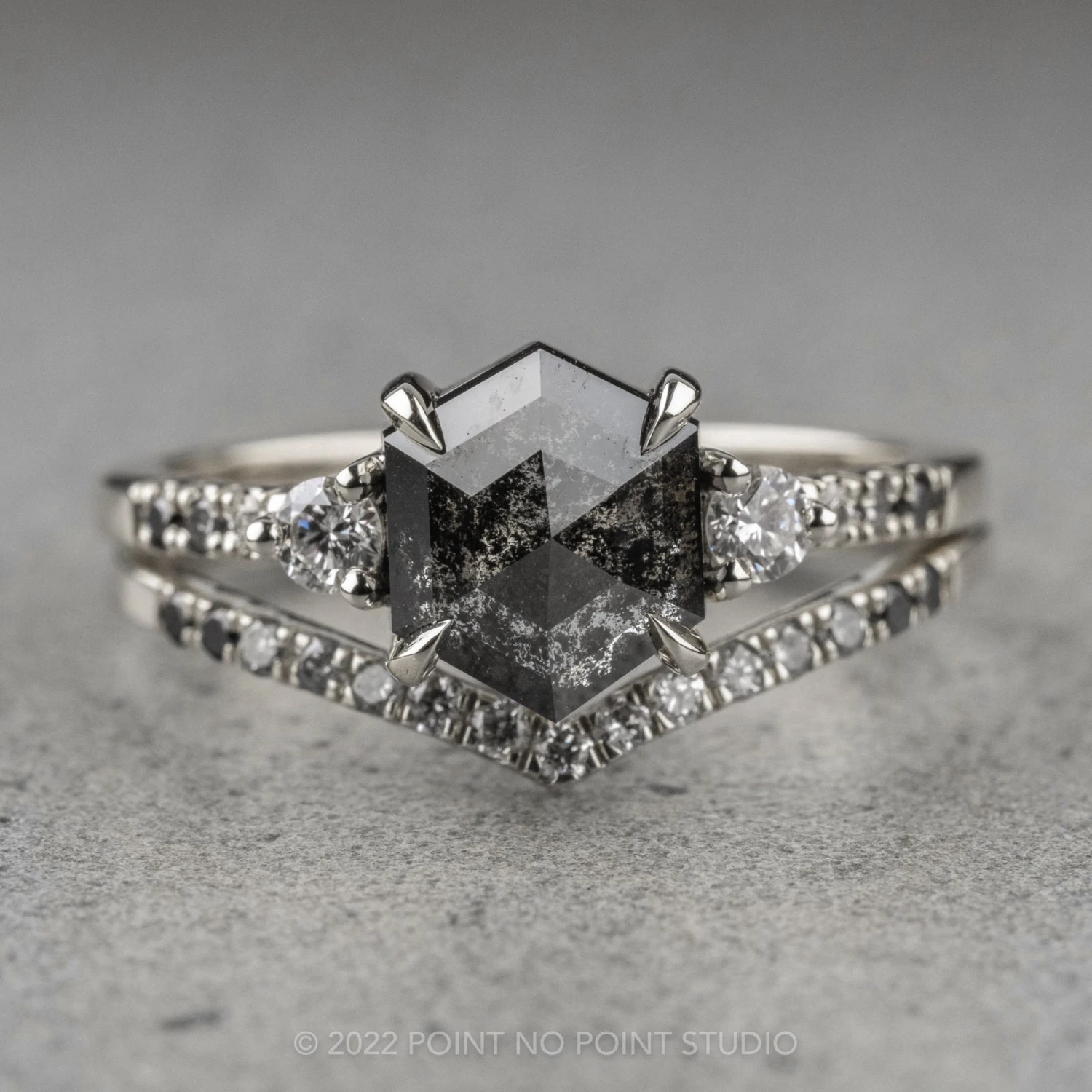 1.40 Carat Black Speckled Hexagon Diamond Engagement Ring, Ombre Eliza Setting, Platinum 9 1.40 Carat Black Speckled Hexagon Diamond Engagement Ring, Ombre Eliza Setting, Platinum - Image 9