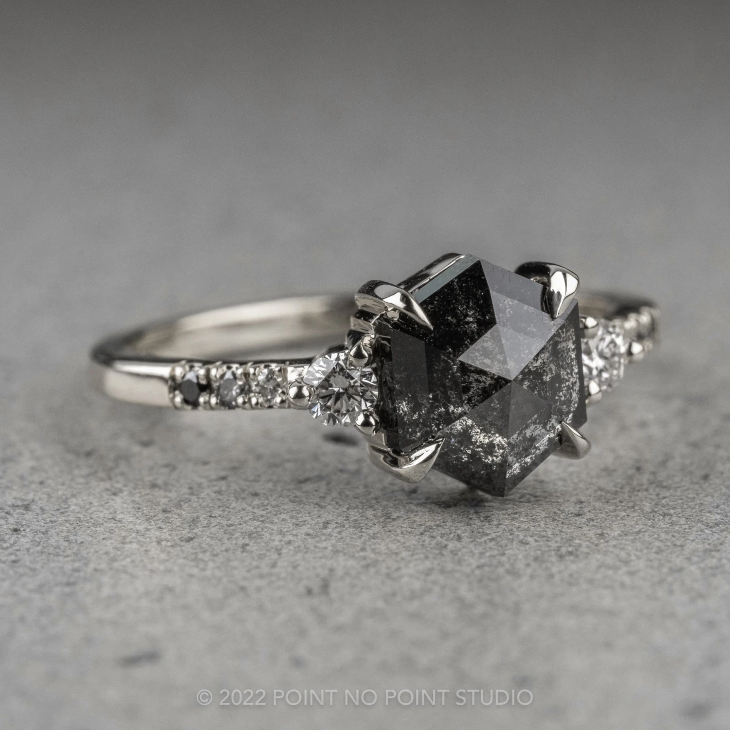1.40 Carat Black Speckled Hexagon Diamond Engagement Ring, Ombre Eliza Setting, Platinum 10 1.40 Carat Black Speckled Hexagon Diamond Engagement Ring, Ombre Eliza Setting, Platinum - Image 10