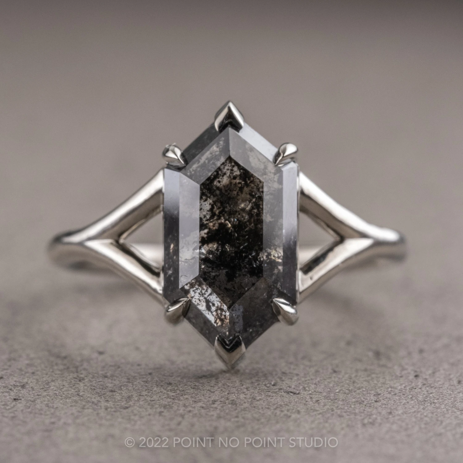 1.84 Carat Black Speckled Hexagon Diamond Engagement Ring, Charlize Setting, Platinum 1 1.84 Carat Black Speckled Hexagon Diamond Engagement Ring, Charlize Setting, Platinum