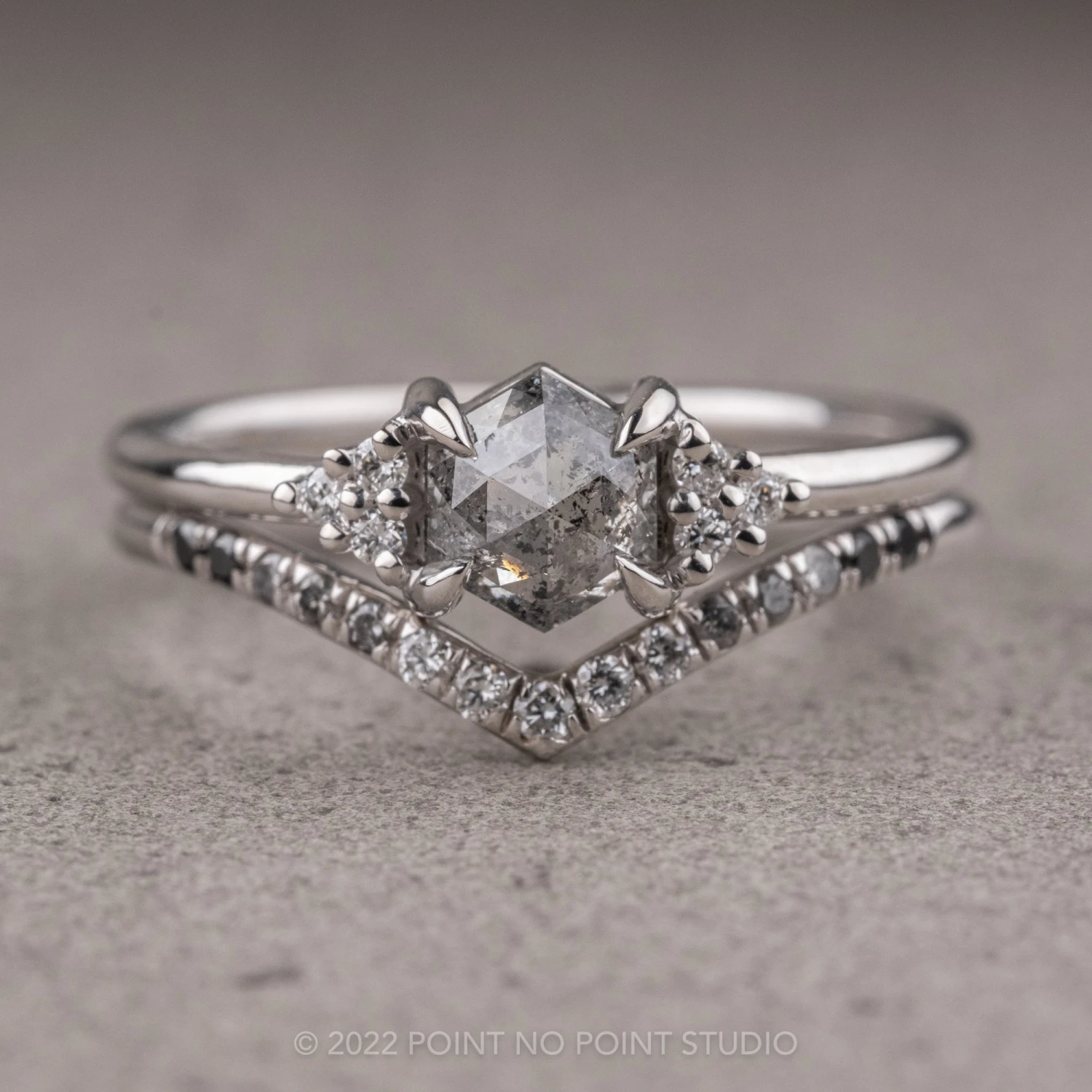 .89 Carat Salt And Pepper Hexagon Engagement Ring, Quinn Setting, 14K White Gold 5 .89 Carat Salt And Pepper Hexagon Engagement Ring, Quinn Setting, 14K White Gold - Image 5